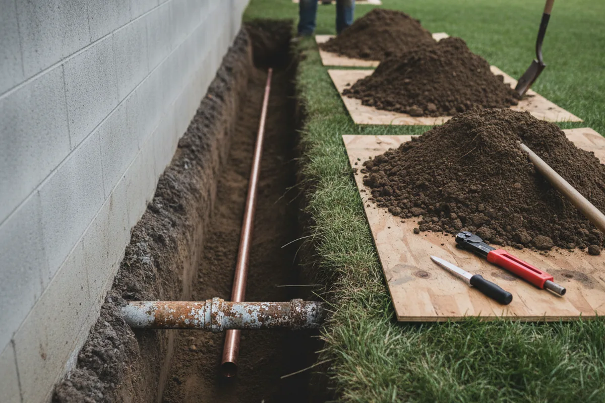Excavated water line trench during Water Softener Installation in Rio Linda